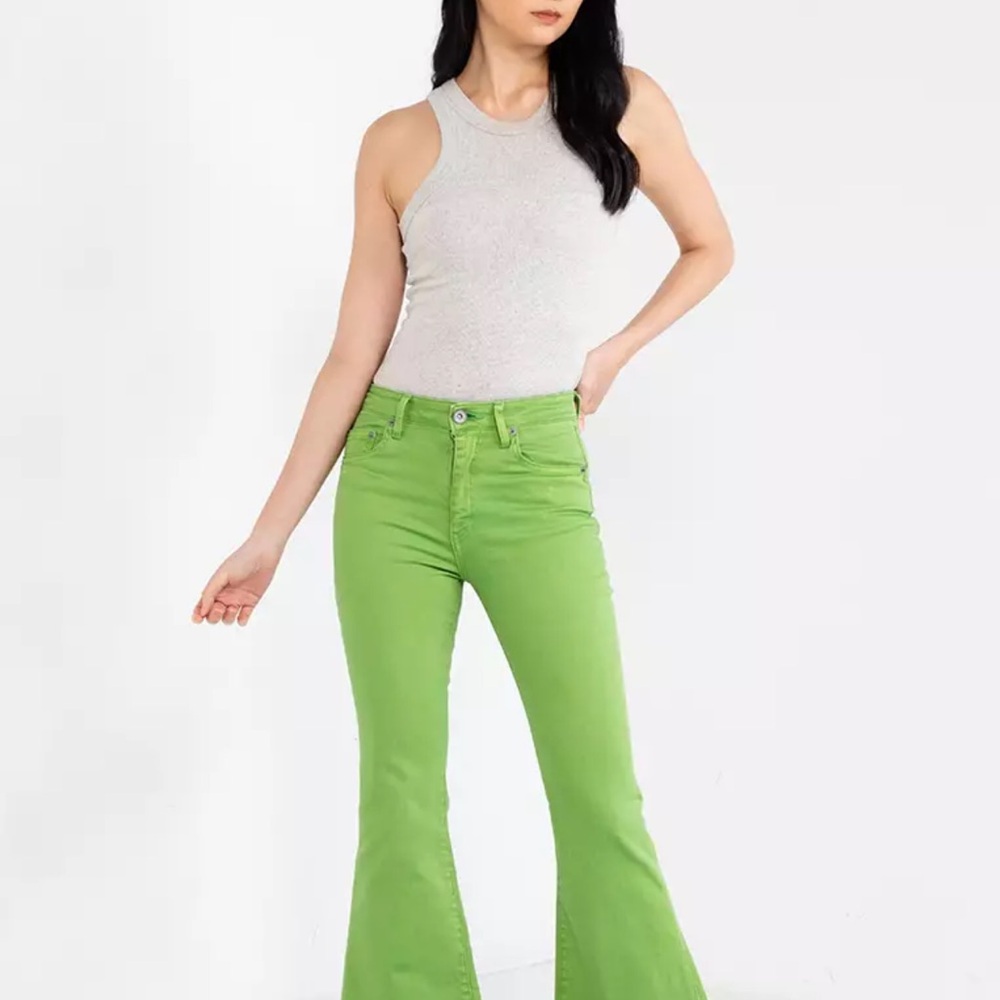 NWT Japanese brand “Jeanasis” green mid waist flare leg jeans Size S